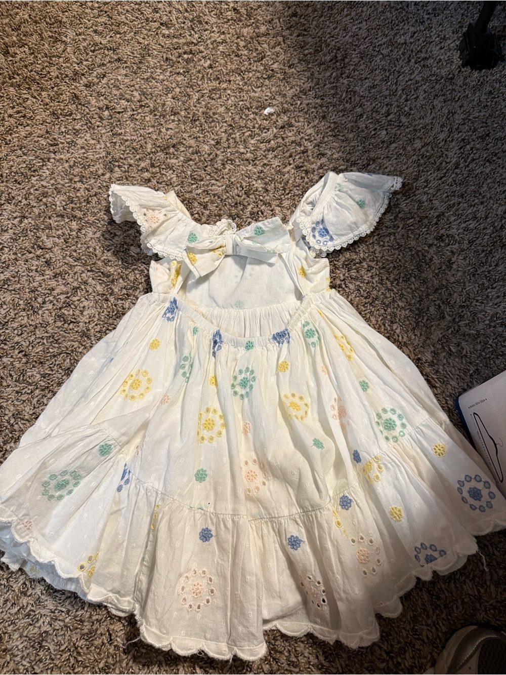 White Cotton Eyelet Kids Dress with Multicolor Floral Embroidery